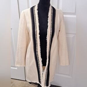 Chicos Cream Open Front Cardigan With Black Embroidery    Size 0